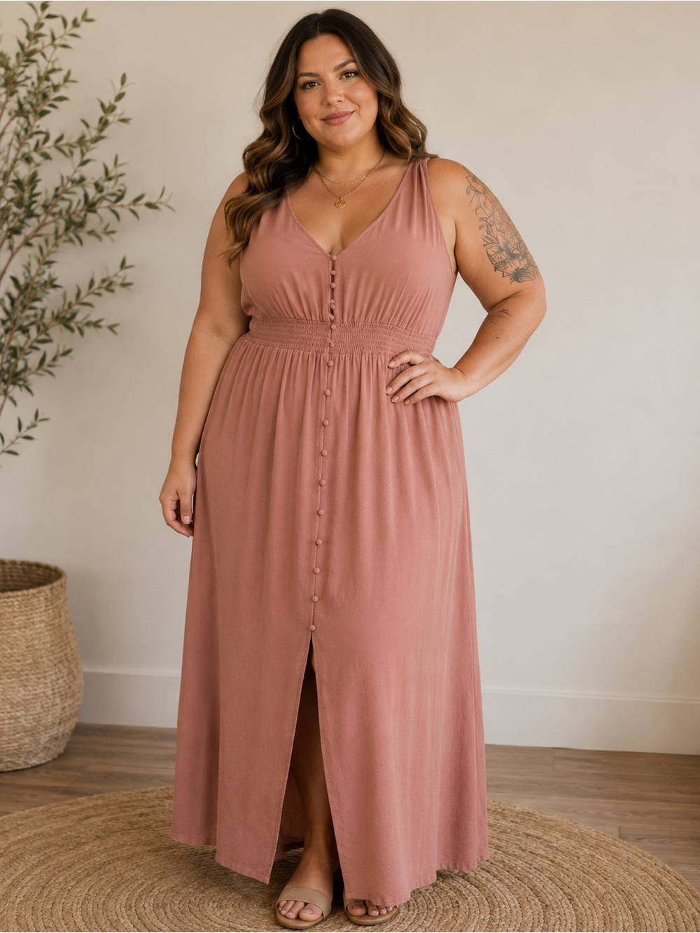 Just Found Sleeveless Dusty Rose Maxi Dress with Button Front
